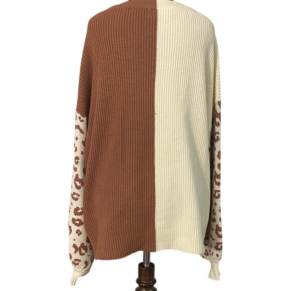 Pink Lily Oversized Ribbed Sweater Colorblock Leopard Sleeve XL 1X Cozy Casual - Picture 2 of 8